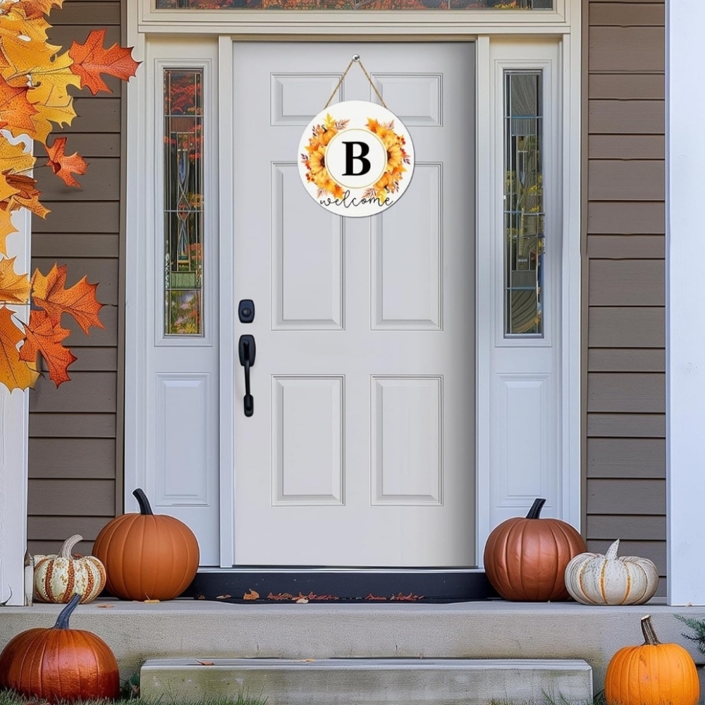 Wooden Fall Autumn Circular Welcome Sign 12" x 12" Initial B